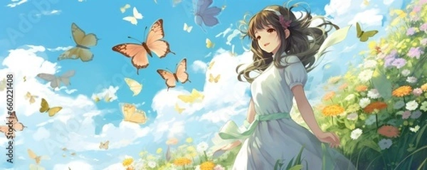 Fototapeta Anime illustration of a girl surrounded by butterflies in a meadow