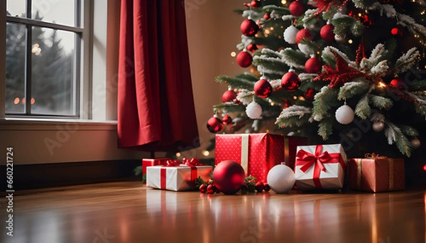 Fototapeta Christmas tree surrounded by gifts and white and red baubles next to a window with red curtains