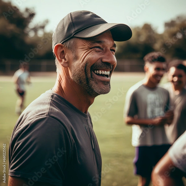 Obraz Laughing smiling football coach on the field with players in the background, training session, team spirit