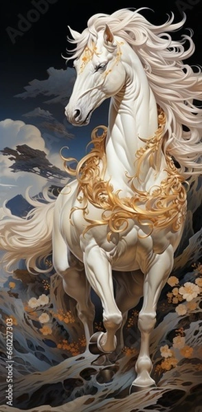 Fototapeta A majestic white horse with a golden saddle and bridle stands proudly in front of a castle.