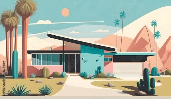 Obraz The timeless elegance and iconic mid-century modern architectural design of Palm Springs, blending sleek lines, minimalism, and retro-futuristic aesthetics, reminiscent of the 1950s, in a desert oasis