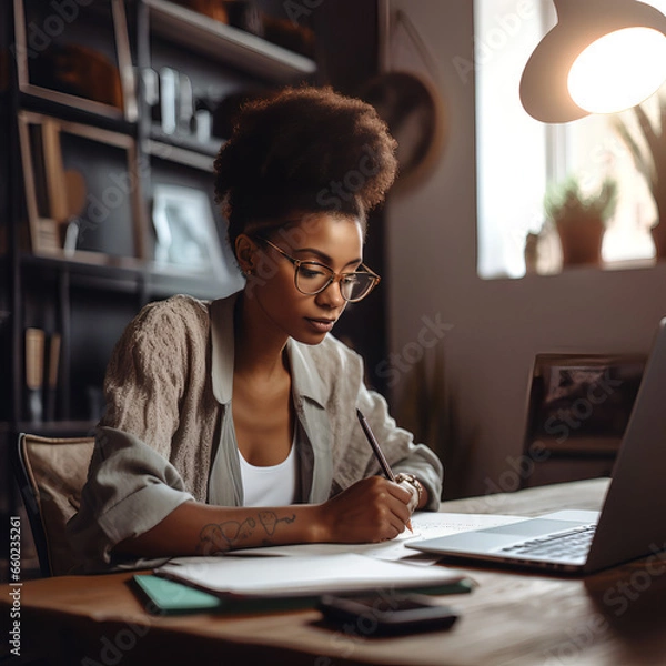 Obraz african american mom woman working at home office studio, remote work, home workspace, contemporary