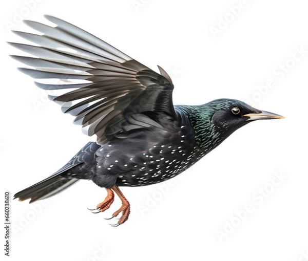 Fototapeta European Starling, realistic, in flight, sideview, no background, transparent png, generative ai