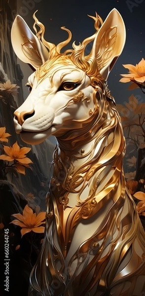 Obraz a majestic giraffe with golden antlers and flowers in its antlers, standing in a lush green forest.
