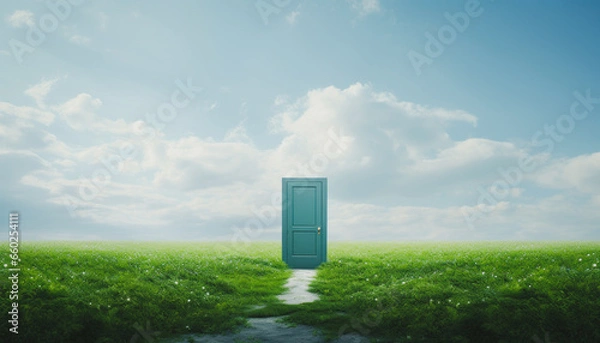 Fototapeta Isolated door in green field, Somewhere behind the door, Searching for new idea, Go out into the wide world, Nature is waiting for you, Hope and Opportunity