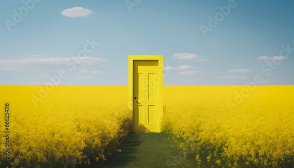 Fototapeta Isolated door in green field, Somewhere behind the door, Searching for new idea, Go out into the wide world, Nature is waiting for you, Hope and Opportunity