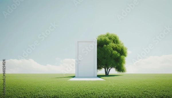 Fototapeta Isolated door in green field, Somewhere behind the door, Searching for new idea, Go out into the wide world, Nature is waiting for you, Hope and Opportunity