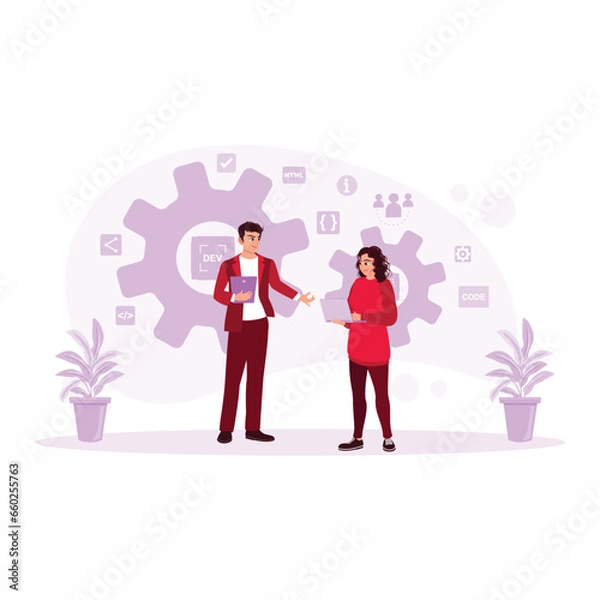 Fototapeta Two professional IT experts are developing software with digital tablets and laptops. Coexist with agile software. DevOps Developers concept. Trend Modern vector flat illustration