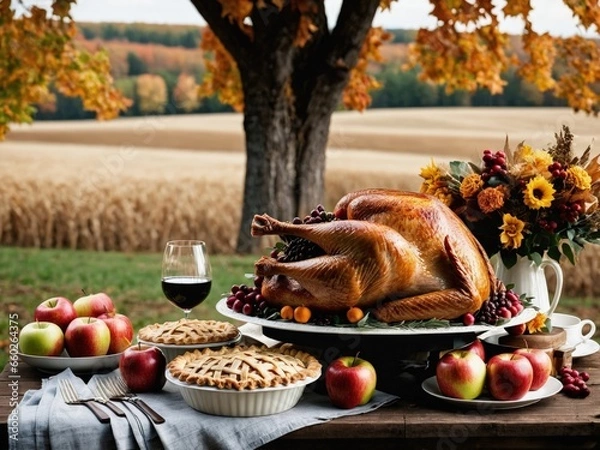 Fototapeta Thanksgiving Turkey Fall Harvest Scene, ,with Apples, Pie, and Corn on Top of Table With Field Trees And Sky Background, Still Life. 