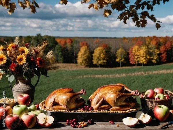 Fototapeta Thanksgiving Turkey Fall Harvest Scene, ,with Apples, Pie, and Corn on Top of Table With Field Trees And Sky Background, Still Life. 