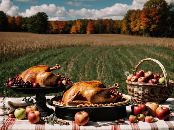 Fototapeta Thanksgiving Turkey Fall Harvest Scene, ,with Apples, Pie, and Corn on Top of Table With Field Trees And Sky Background, Still Life. 