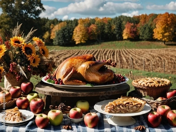 Fototapeta Thanksgiving Turkey Fall Harvest Scene, ,with Apples, Pie, and Corn on Top of Table With Field Trees And Sky Background, Still Life. 