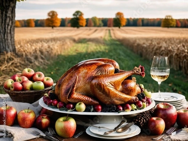 Fototapeta Thanksgiving Turkey Fall Harvest Scene, ,with Apples, Pie, and Corn on Top of Table With Field Trees And Sky Background, Still Life. 