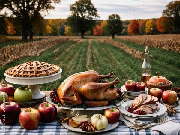 Fototapeta Thanksgiving Turkey Fall Harvest Scene, ,with Apples, Pie, and Corn on Top of Table With Field Trees And Sky Background, Still Life. 