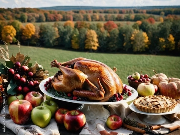 Fototapeta Thanksgiving Turkey Fall Harvest Scene, ,with Apples, Pie, and Corn on Top of Table With Field Trees And Sky Background, Still Life. 