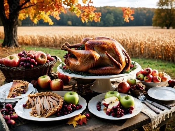 Fototapeta Thanksgiving Turkey Fall Harvest Scene, ,with Apples, Pie, and Corn on Top of Table With Field Trees And Sky Background, Still Life. 