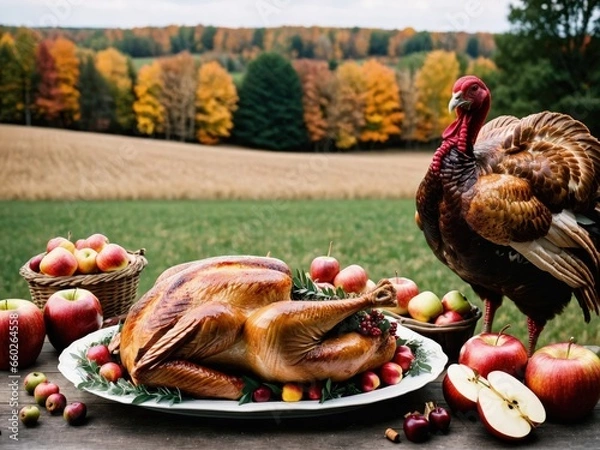 Fototapeta Thanksgiving Turkey Fall Harvest Scene, ,with Apples, Pie, and Corn on Top of Table With Field Trees And Sky Background, Still Life. 
