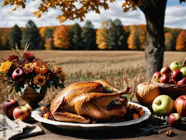 Fototapeta Thanksgiving Turkey Fall Harvest Scene, ,with Apples, Pie, and Corn on Top of Table With Field Trees And Sky Background, Still Life. 