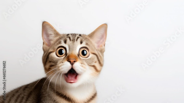 Fototapeta fluffy domestic cat with wide eyes and an open mouth is surprised, emotional portrait of an animal, shocked look, meowing, screaming, facial expression, home pet, feline, whiskers, fur