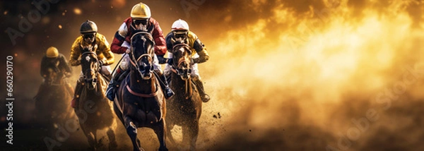 Obraz Horse racing, Illustration of Jockeys fighting to take the lead in the last curve, Jockeys on their horses during horse racing, with copy space