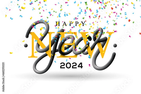 Fototapeta 2024 Happy New Year illustration with 3D typography lettering and falling confetti on a white background.