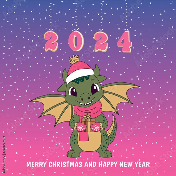 Fototapeta Christmas card with a cute green dragon symbol of 2024. Funny green dragon with a gift. Merry Christmas and Happy New Year card. Vector. Vector illustration. Vector illustration