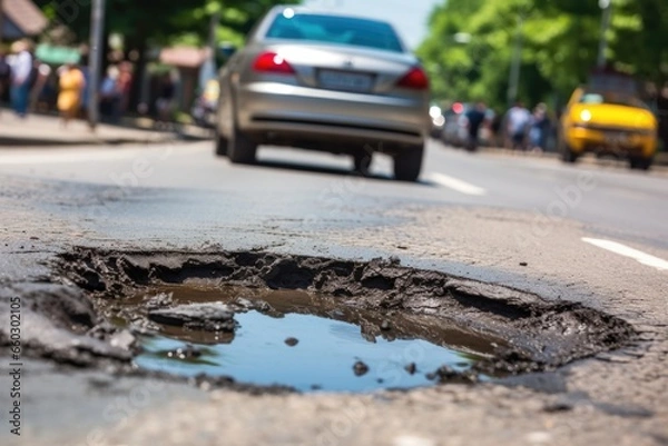 Fototapeta pothole on a busy road unattended