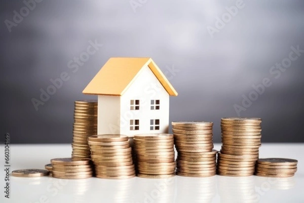 Fototapeta house model on stack of coins