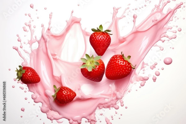 Fototapeta milk or yogurt splash with strawberries isolated on white background