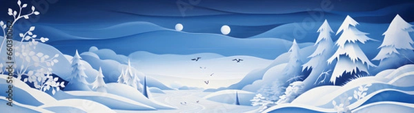 Fototapeta A panoramic serene winter landscape under the glow of a full moon, featuring snow-covered trees and a gentle snowfall, capturing the quiet beauty of a winter's night