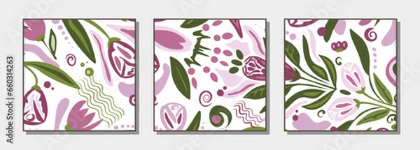 Fototapeta A set of three handmade floral paintings with delicate pink flowers for room decor. Wall decor in orange and blue tones. Wall decoration.