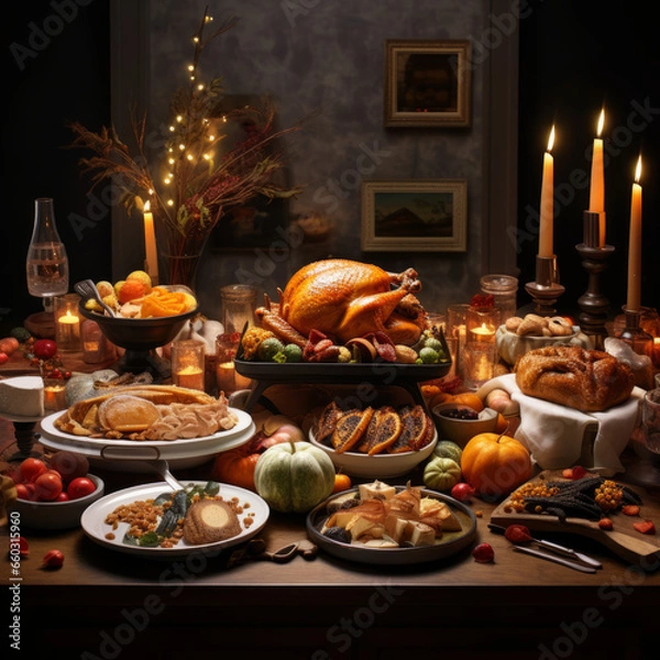 Fototapeta Christmas dinner table, thanksgiving dinner table with large turkey in the centre of it