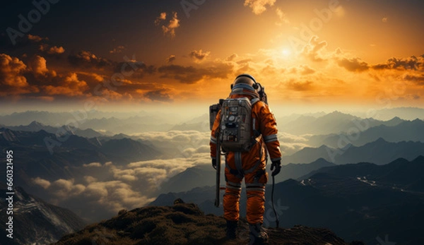 Fototapeta An astronaut standing on top of a majestic mountain peak. An astronaut standing on top of a mountain