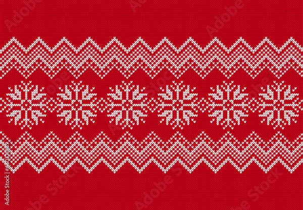Obraz Christmas fair isle traditional print. Red knitted holiday texture. Sweater knit seamless pattern. Ornament with snowflakes. Xmas festive background. Vector illustration.