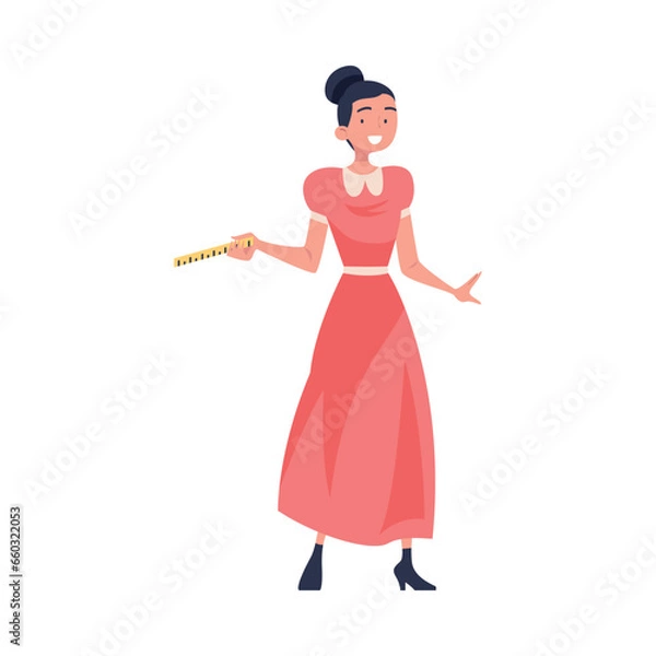 Fototapeta Young Woman Teacher Character Standing with Ruler and Teaching Vector Illustration