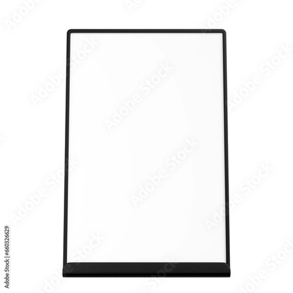 Obraz Menu stand signs. mockup of store template signboard , Metal cafe restaurant bar plastic badge black white, 3D illustration	