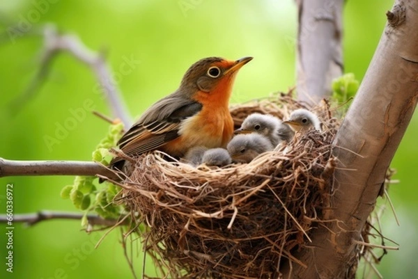 Obraz mama bird feeding her chicks in a nest on a sturdy branch