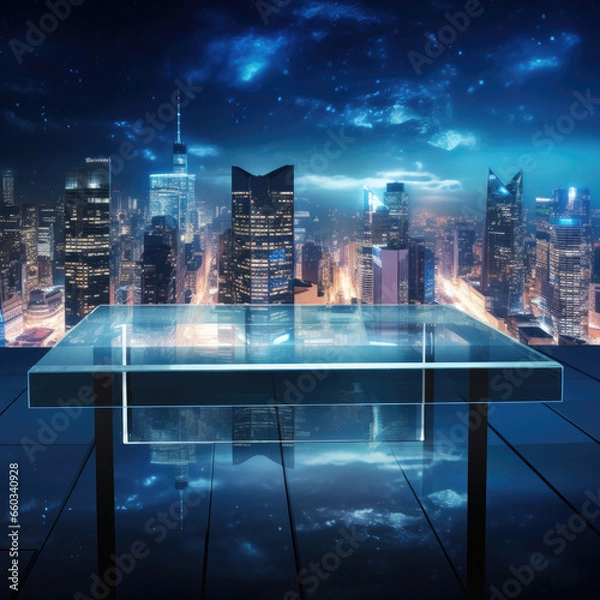 Fototapeta Glass table with city backdrop for product showcase