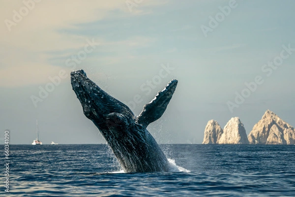 Obraz humpback whale breaching in cabo san lucas baja california sur mexico pacific ocean