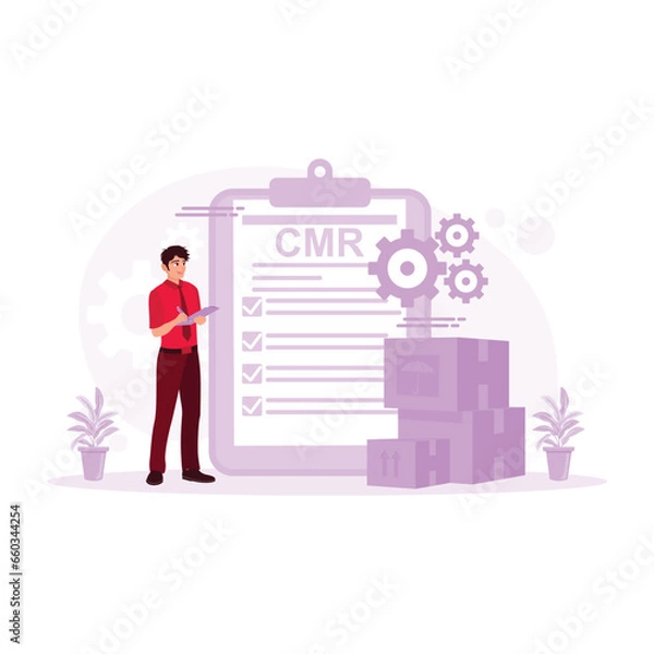 Fototapeta The warehouse manager checks the goods and signs the documents after the ordered goods arrive. Order Confirmation concept. Trend Modern vector flat illustration