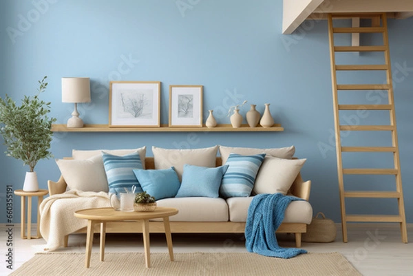 Fototapeta Modern living room with beige, white and blue colors. Minimalistic cozy design with sofa