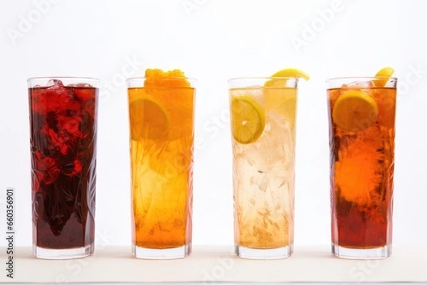 Obraz iced-fruit tea combo in a row on a white backdrop
