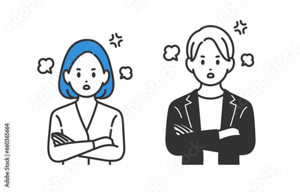 Obraz 怒るポーズをするビジネスパーソン男女のセット【人物ベクターイラスト素材】