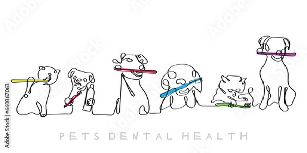 Obraz Line art of pets dental health. Pets poster. They need dental care too.