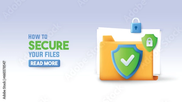 Fototapeta Online files protection 3d render illustration of a file folder with protection shield.