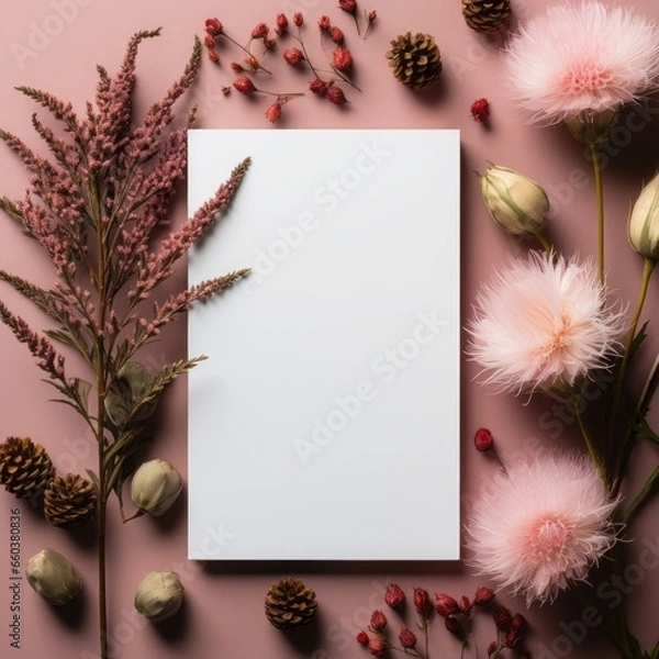 Fototapeta Autumn background with dried flowers, leaves and blank sheet of paper