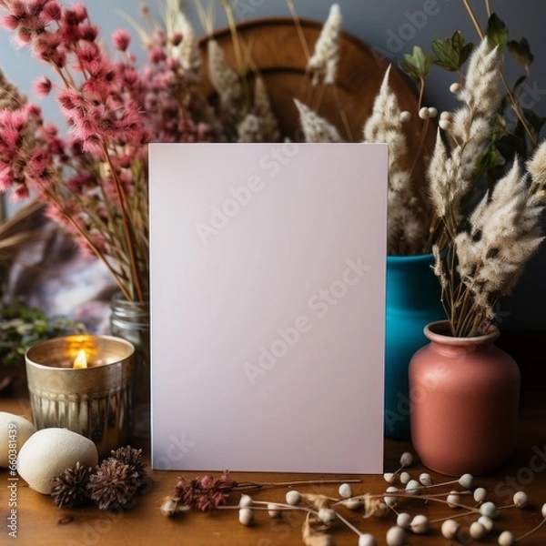 Fototapeta Autumn background with dried flowers, leaves and blank sheet of paper
