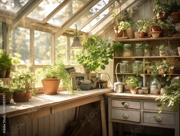 Obraz Cozy scandinavian style potting shed interior photo, indoor greenhouse, sun-filled greenhouse