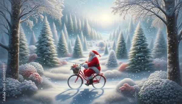 Obraz Santa Claus Cycling Through a Winter Wonderland