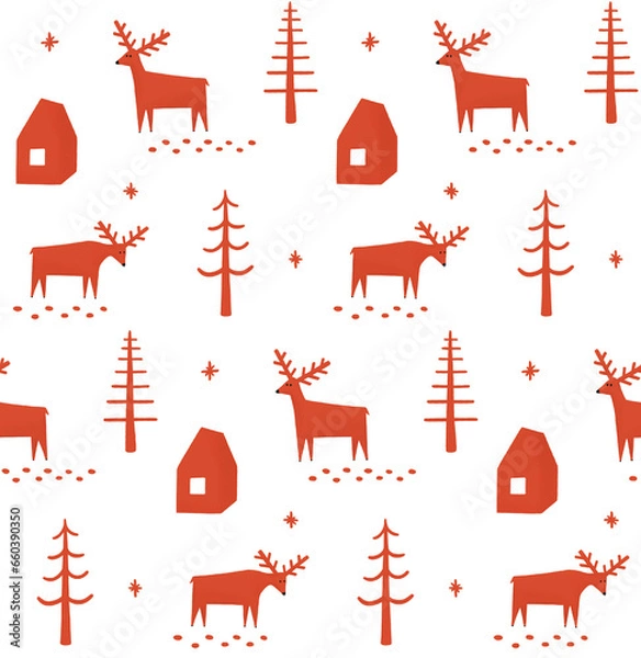 Fototapeta Cute red reindeer, pine, forest house and tree seamless pattern for winter holiday wrapping paper, fabric, print or greeting card. Funny Christmas woodland deer animal background